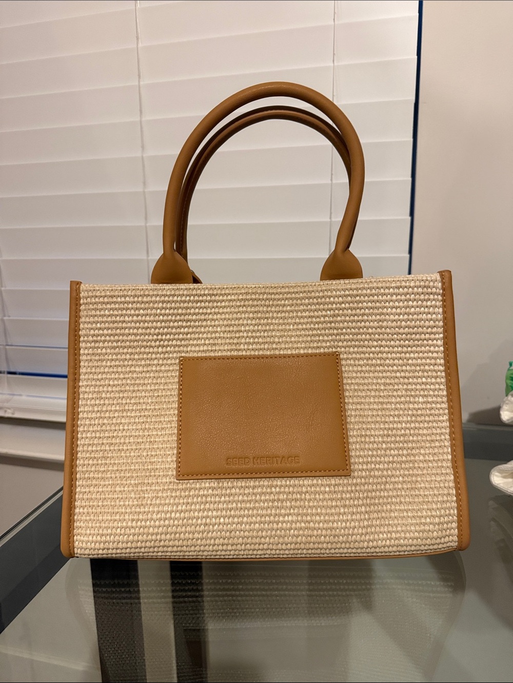 Seed Heritage Cream Woven Tote with Tan Leather Trim Available only in Australia